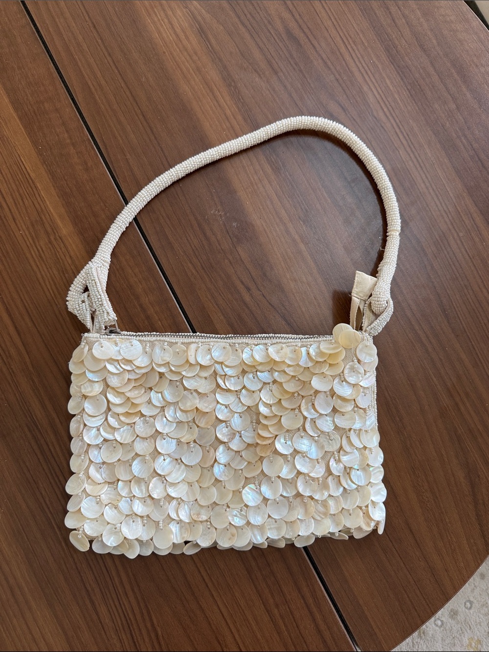 Beaded Shell Sequin Cream Shoulder Bag